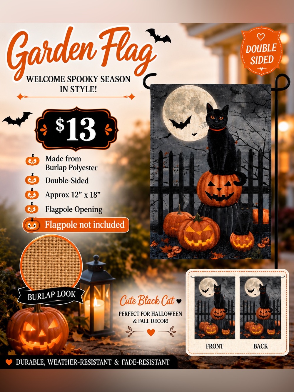 Garden flag, Halloween,black cat, burlap, polyester, double sided,approx 12”x18”
